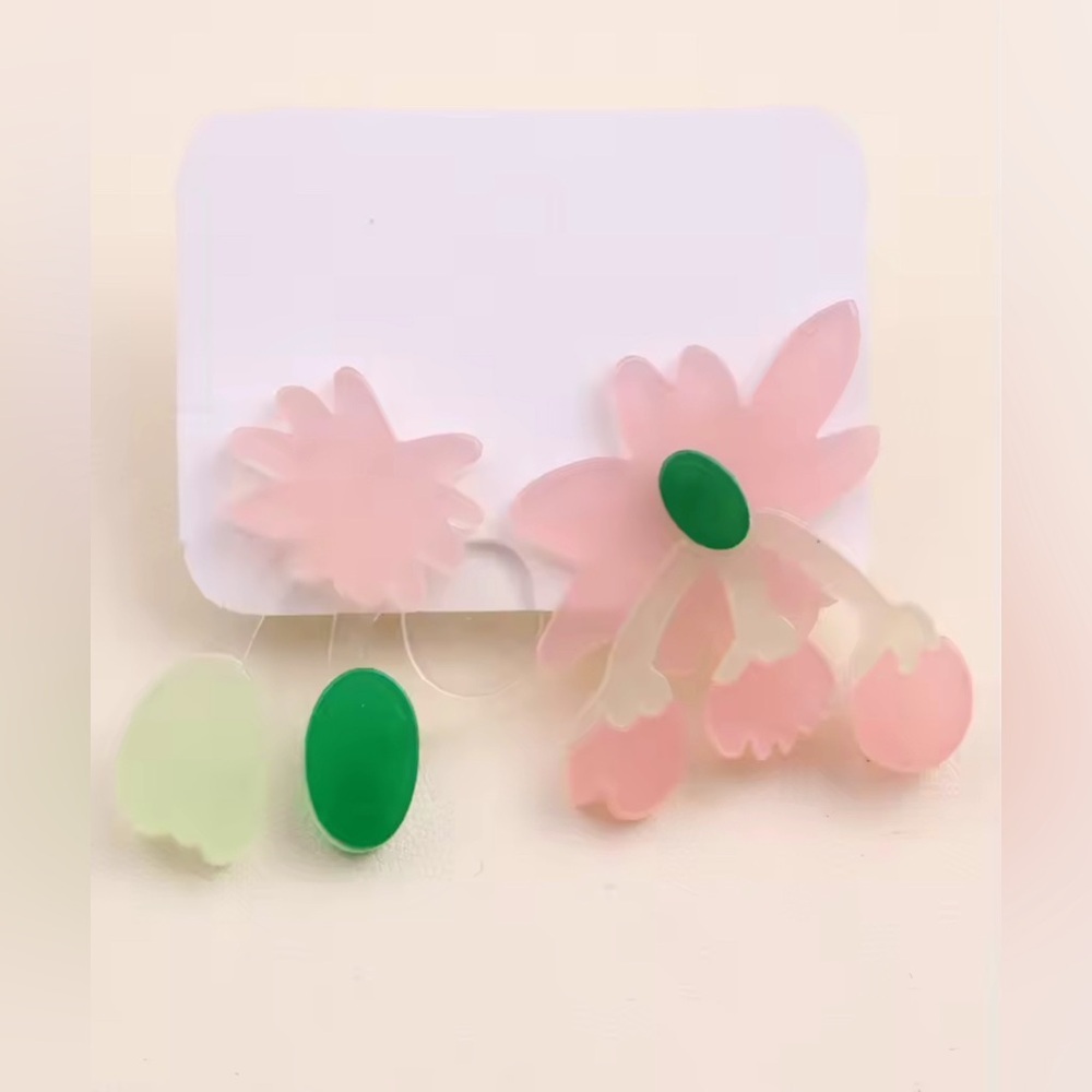 Acrylic Resin Flower Asymmetrical Earrings Art-to-Wear Statement Pink